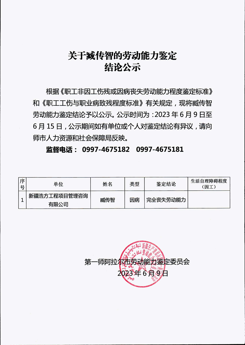 關于臧傳智的勞動能力鑒定結論公示