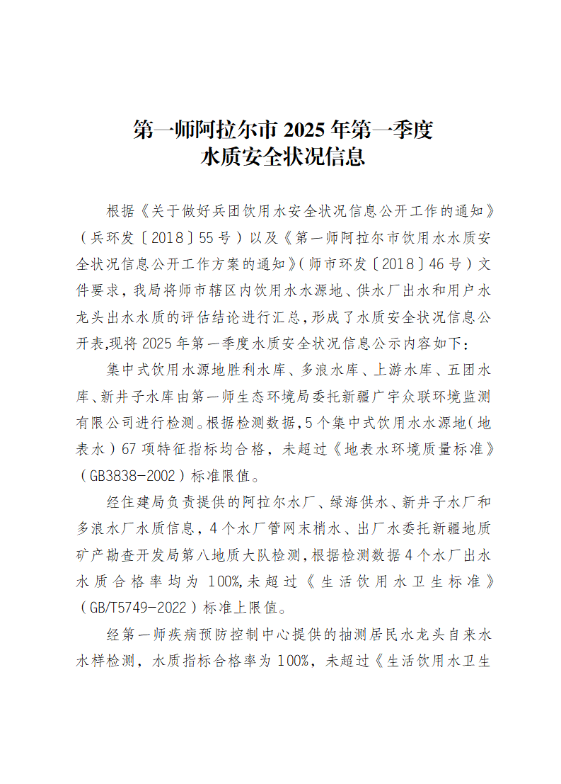 第一師阿拉爾市2025年第一季度 水質(zhì)安全狀況信息公開